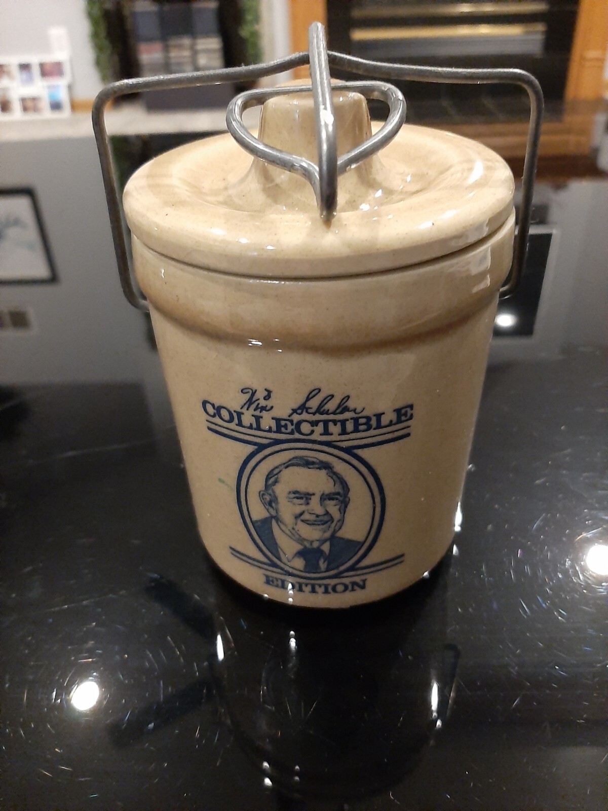 Vintage Win Schuler's BARSCHEEZE Cheese Crock Wire Clamp Stoneware 80