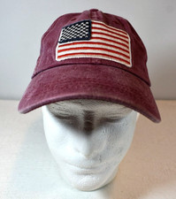 Maroon/Red Distressed Baseball Cap Hat w/AMERICAN FLAG Embroidered AMERICA  USA