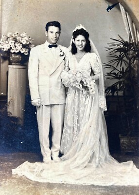 WEDDING Vintage PHOTO Bride & Groom Dressed in WHITE with FLOWERS