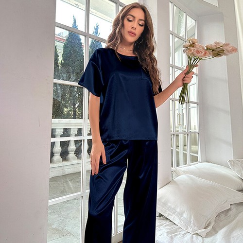 Women's Satin Silk Pajamas Set Short Sleeve Shirt With Long Pants Loungewear Set - Picture 4 of 22