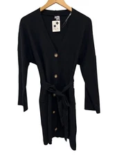 Cozy Co Tie Waist Button Front Mini Sweater Dress Size Medium V Neck Black NEW