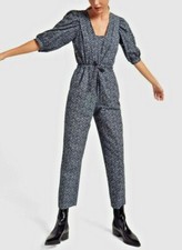 LA VIE REBECCA TAYLOR Navy Blue Floral Print Poplin Puff Sleeve Pant Jumpsuit L