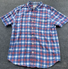 True Grit Shirt Mens Small Blue Coral Plaid Cotton Short Sleeve Button Up