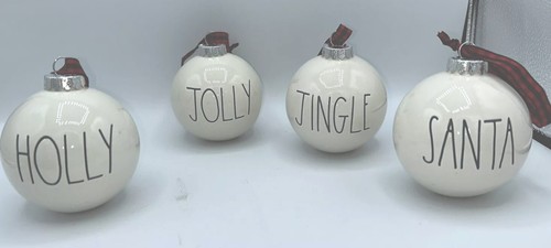 Rae Dunn Christmas Ornaments White Ceramic 3" Balls Santa Holly Jolly Jingle EUC