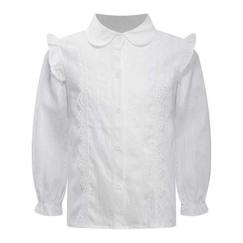Kids Girls Long Sleeve White Ruffled Blouse for Spring Cotton Button Down Shirts - Picture 7 of 26