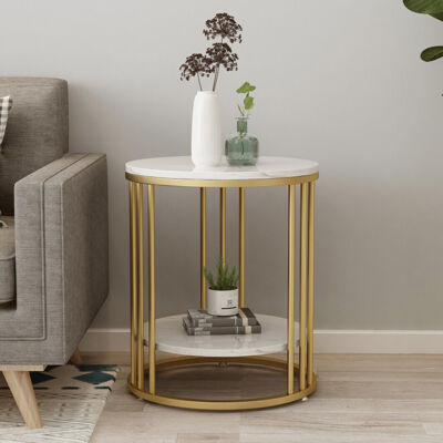 Coffee Table End Marble Top with Metal Frame Round Side Table with Storage Shelf