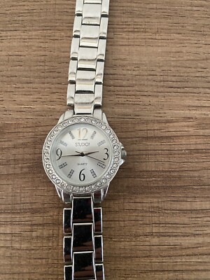 Studio Time STD3165W Women's Silver Tone Quartz Watch Jeweled Bezel Works Great