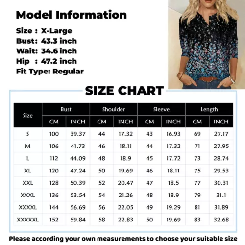 3/4 Length Sleeve Womens Tops Casual Loose Fit V-neck Shirts Floral Tunic Tops - Picture 36 of 51