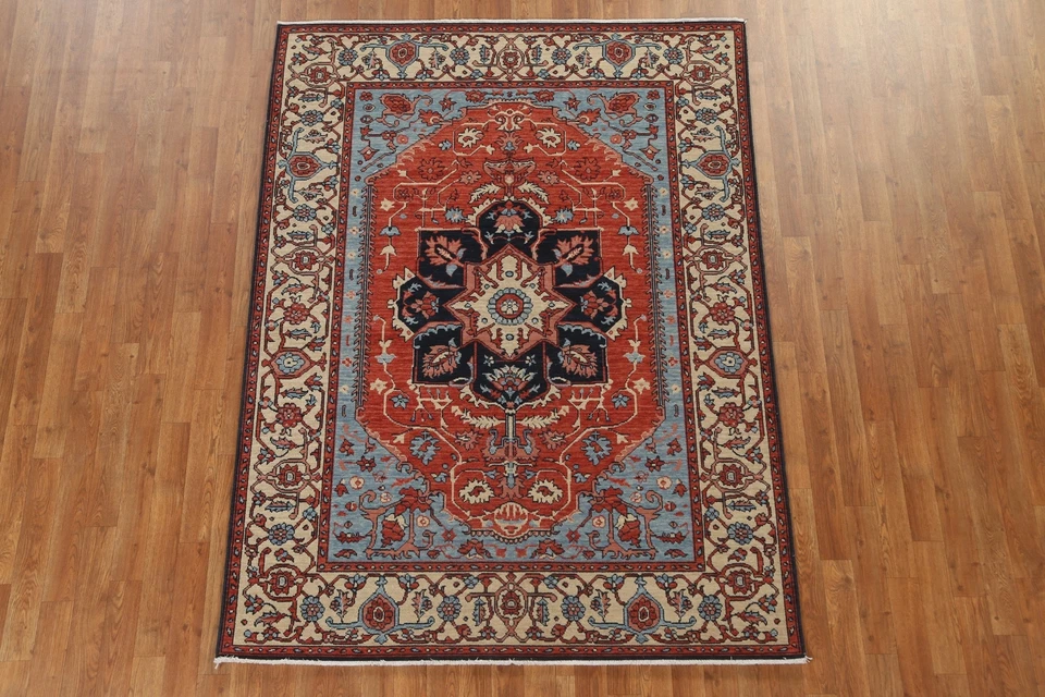 Geometric Red/ Ivory Heriz Serapi Turkish 5x7 Area Rug Handmade Oriental Carpet - Image 2 of 4