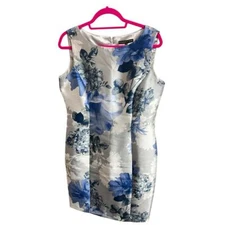 Preston & York Midi Sheath Dress Womens 10 White Blue Floral Sleeveless Wedding