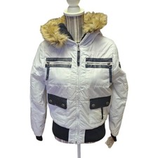 South Pole Jacket Junior Sz Large Y2k White Satin Nylon Faux Fur Hooded Coat Nwt