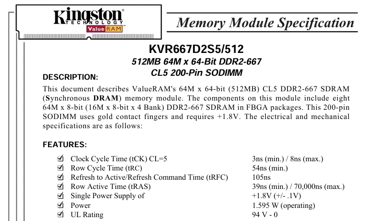 Kingston KVR667D2S5/512 512MB 200PIN SODIMM DDR2 PC2-5300 - Image 2 of 4