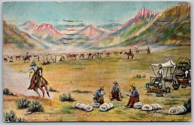 Vtg The Roundup from Oil Painting Artist LH Dude Larsen American Cowboy Postcard