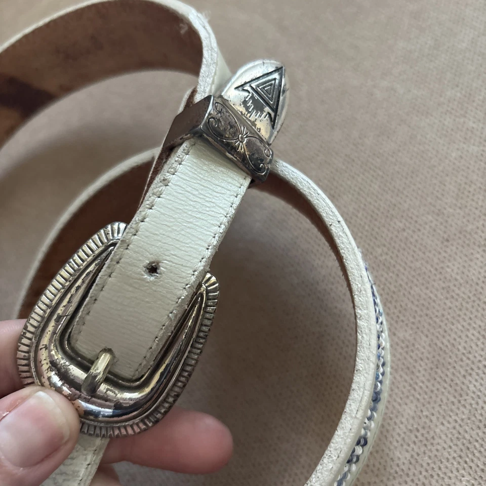 Nocona Beaded Genuine White Leather Southwest Native American Belt Sz 30-34 - Image 3 of 4