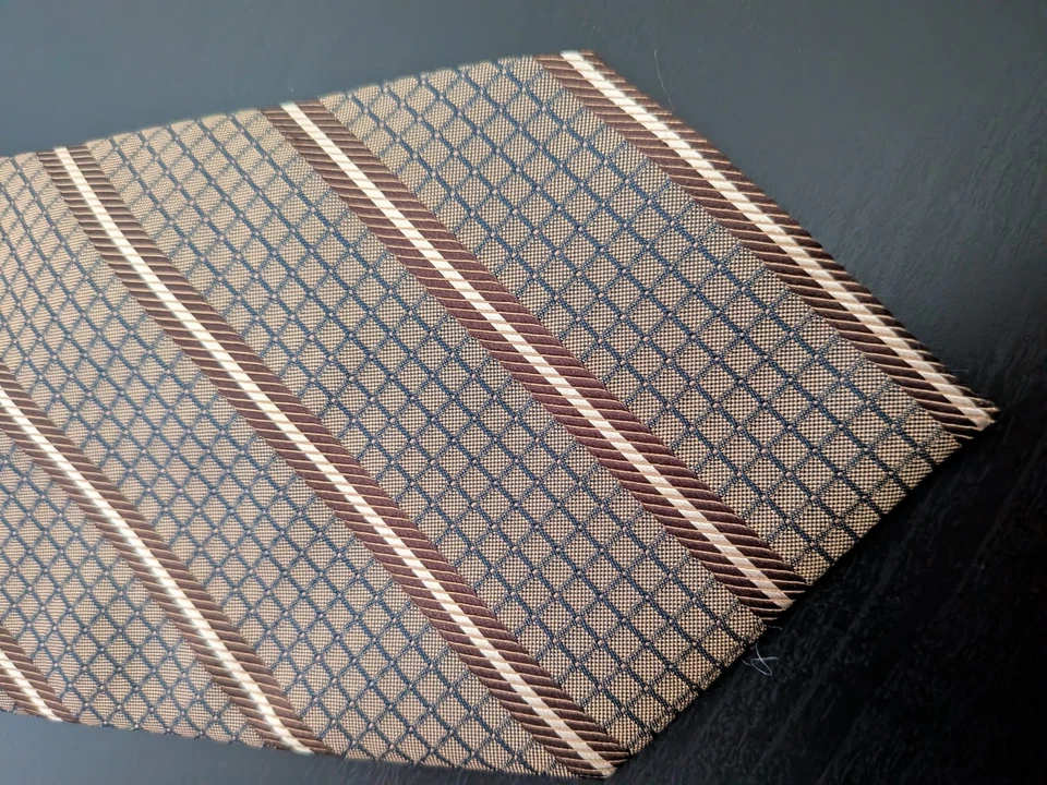 Vitaliano Pancaldi 100% Silk Tie Geometric Brown Gold Tam Stripe Check Italy 60" - image 2 of 4