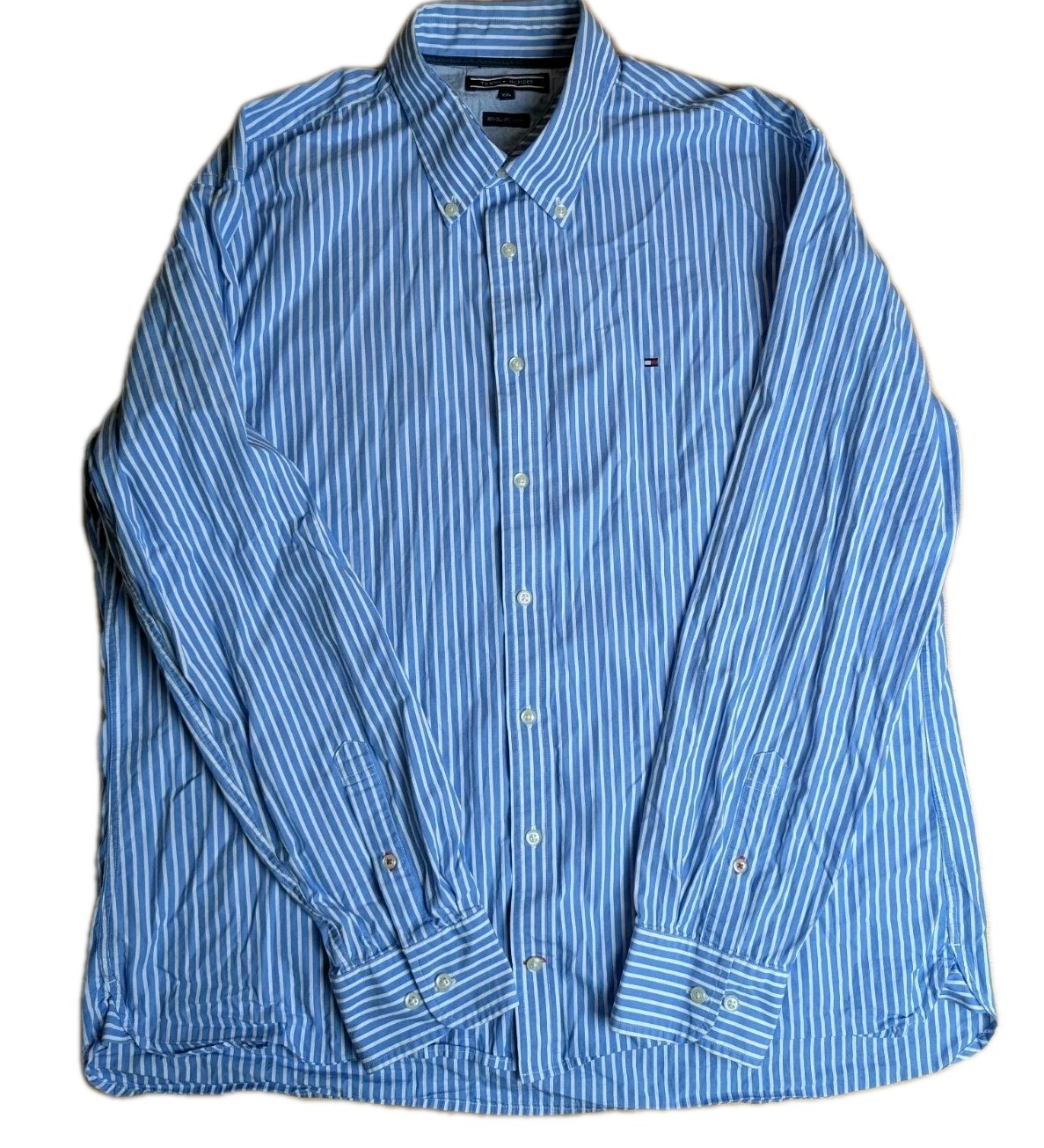 Tommy Hilfiger Blue/White Pinstripe Shirt 80s Two Ply Cotton – Mens 2XL XXL