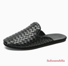 Men's Woven Real Leather Mules Slippers Flats Shoes Handmade Non-slip Sandals