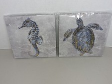 Arte de pared en lienzo de momentos especiales caballito de mar y tortuga azul dorado brillante 8x8x1/2"