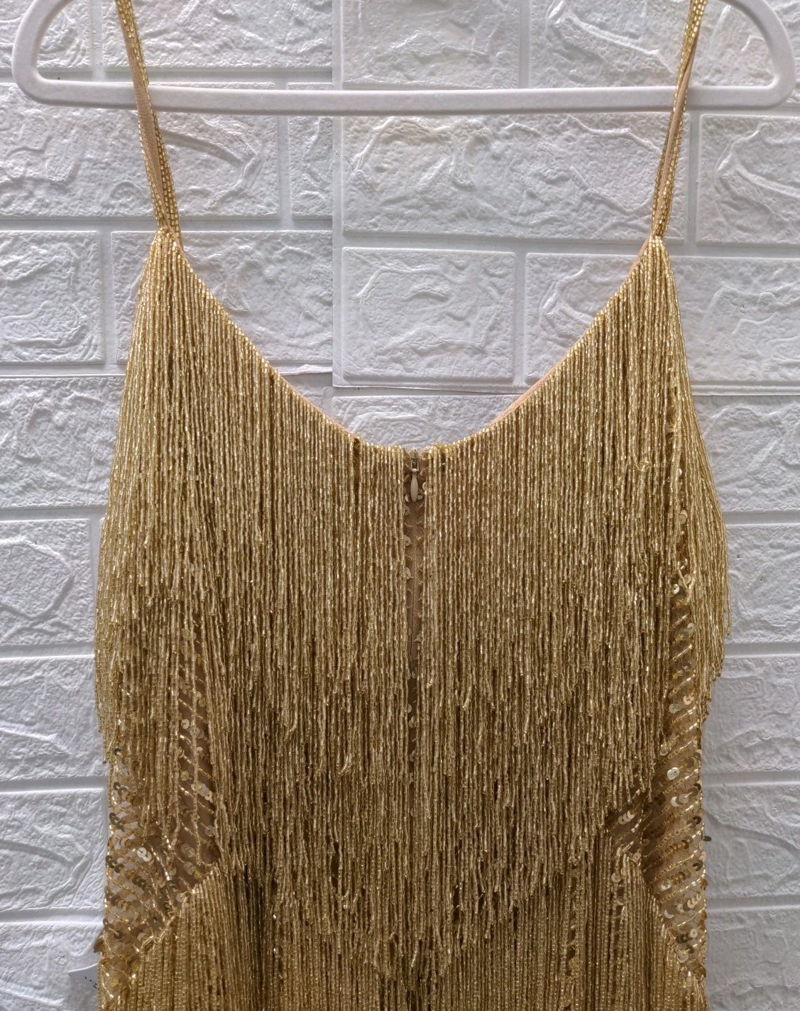 New Nadine Merabi Sadue Beaded Fringe Mini Dress Gold Size 12 image 4
