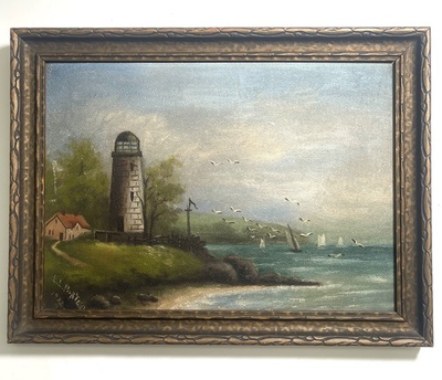 #ad #ad Vintage Lighthouse amp; Sailboat Painting 1922 By E.L. Porter Beautiful Scenery $89.99