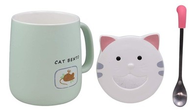 Drooling Cat Bento Pastel Green Porcelain Mug Cup With Tongue Spoon And Face Lid