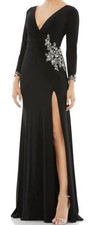 NWT $498 MAC DUGGAL Floral Embellished Faux Wrap Jersey Gown Black Sz 14