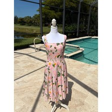 Oscar de la Renta Pink Painted Poppies Square Neck Pleated Floral Midi Dress