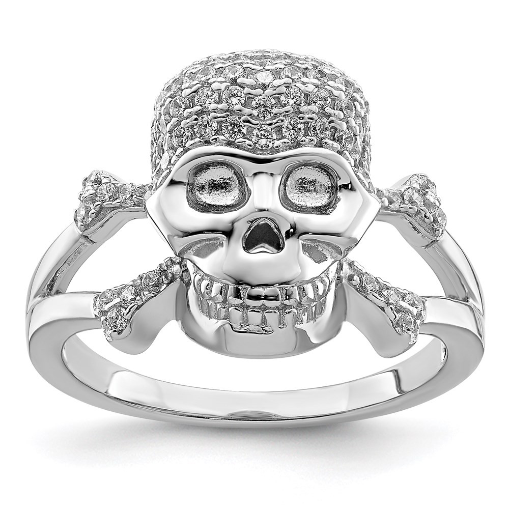 Sterling Silver Rhodium-plated and Cubic Zirconia Skull Ring Size 8