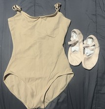 Capezio Dance Lot XL Nude Leotard Leather Ballet Shoes Girls Dancewear Bundle