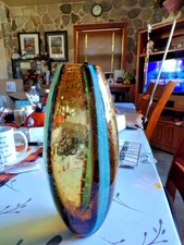 Murano Style Bubble & Blue Striped Oval Shaped Vase 10"