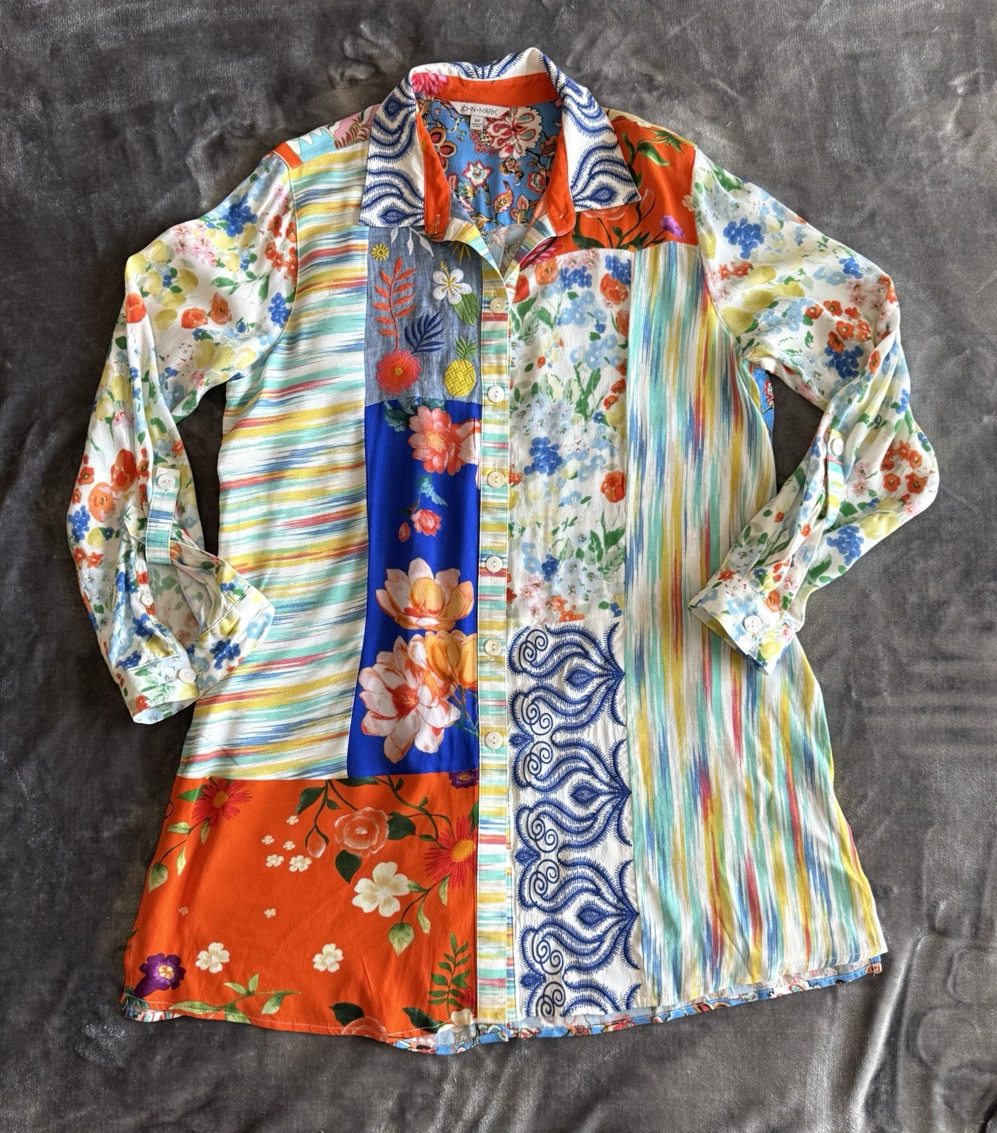 JOHN MARK Patchwork Floral Print Roll Tab Sleeves… - image 3