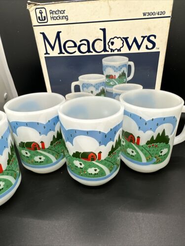 Juego De 4 Tazas, Anchor Hocking MEADOWS Leche Vaso 1982 Caja Original Granja Oveja - Imagen 6 de 20