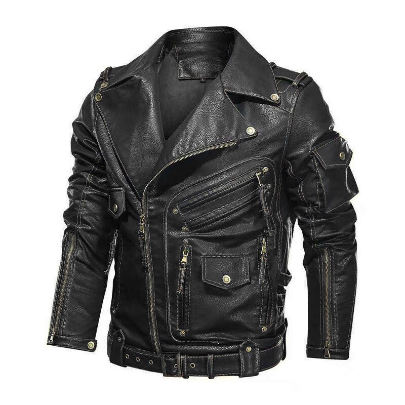 ジャケット・アウター Jan & Carlos Multi Pocket Leather Jacket Mens Motorcycle PU Leather Jacket Multi-pocket Zipper Leather