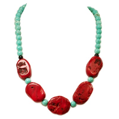 Green Turquoise Onyx & Red Coral Beads Necklace Silver Toggle Clasp 19" FREE SH Green Turquoise Onyx & Red Coral Beads Necklace Silver Toggle Clasp 19" FREE SH