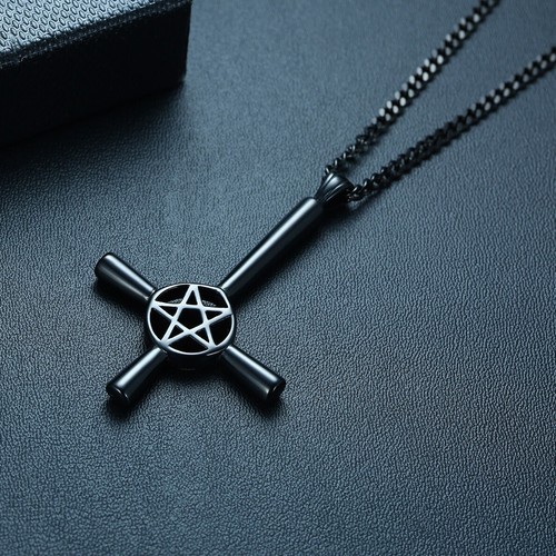 Halskette Anhänger Umgedreht Kreuz Pentagram Satan Punk Edelstahl 62cm Kette - Bild 13 von 15