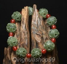 0.7" Natural Chinese Old Hetian Green Jade Carved Flower Statue Bead Hand Chain