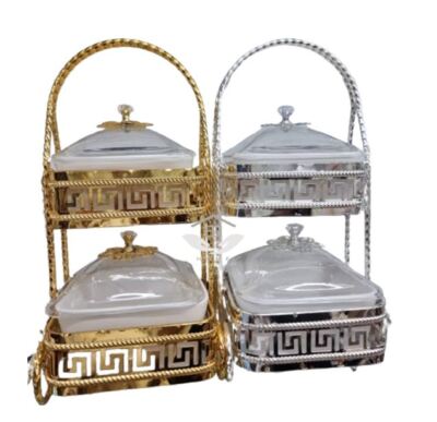 Atemberaubende Buffet Glas Geschirr 2 Etagen Gold Silber Essen Schale Gastronomie Geschenk