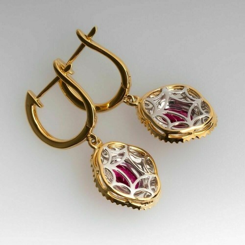 4Ct Simulated Red Ruby Diamond Dangle Earrings 14k Yellow Gold Plated Silver - Picture 3 of 5