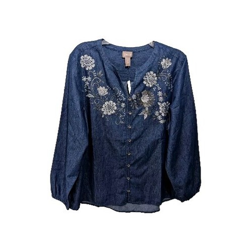NWT Chico's 2 Shine Embroidered Chambray Button Down Blouse Shirt Womens L 2140