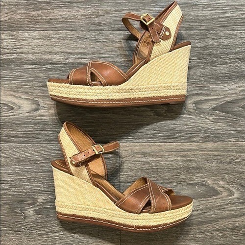 Clarks Amelia Air Espadrille Platform Wedges Heels Sandals Leather Tan Size 8.5 - Picture 2 of 10