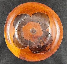 Wooden Bowl Flower Pattern Decorative Hand Carved Approx 6" Vintage