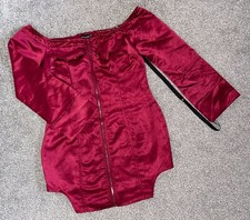 BNWT PRETTYLITTLETHING BURGUNDY WOVEN BINDING DETAIL ZIP BARDOT BODYCON DRESS 12