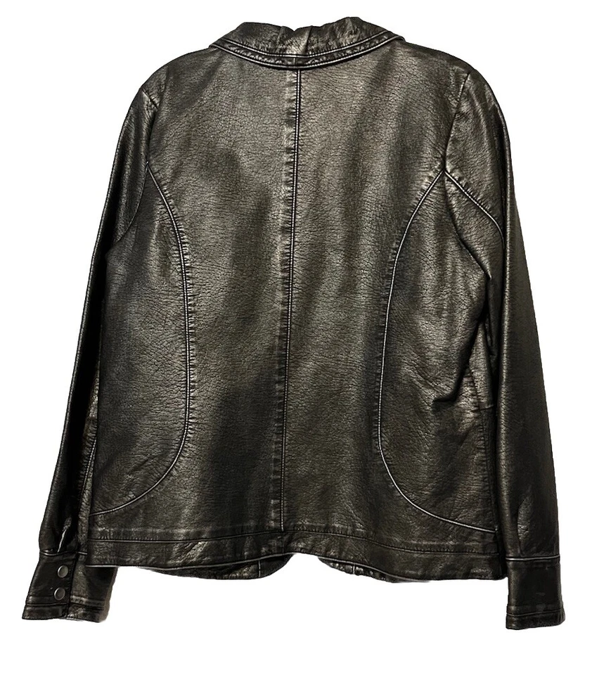 Chaqueta de cuero sintético negra Susan Graver medidas abrigo con cremallera completa forrado medio Foto 4 de 4