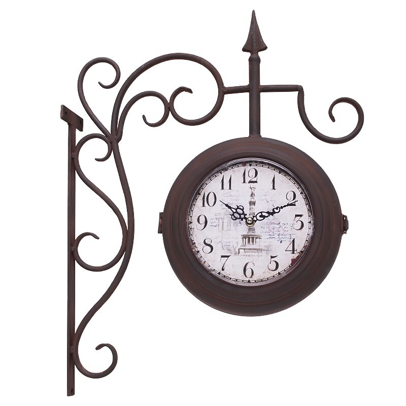 Antique Brown Rustic Dual-Faced Wrought Iron Wall Clock, New