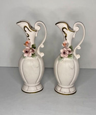 Vtg Pair Ivory Bisque 7.25" Capodimonte Unique Handle Vase Pitcher Made in Japan