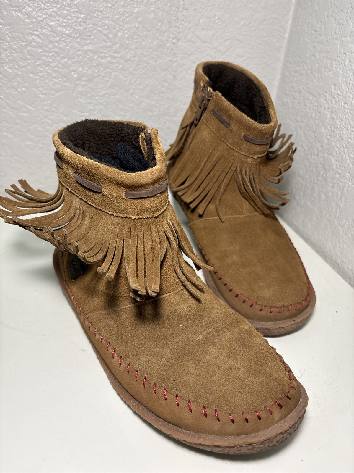 SAOLA Mocassino donna Woolrich taglia 7 marrone alla caviglia scamosciato marrone frange suola gomma