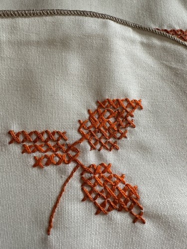 Vintage Cross Stitch Cotton Autumn Leaf Napkins Set of 6 Scalloped Edge Orange - Picture 16 of 18
