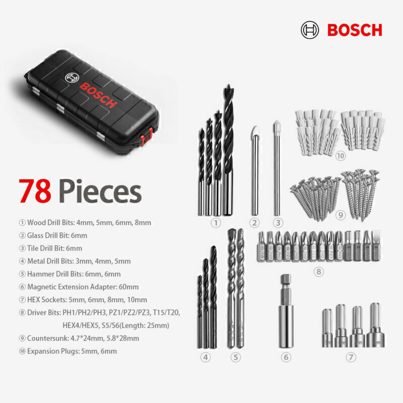 78PCS Bosch Drill Bits Set Screwdriver Socket Tool Box for Wood Metal