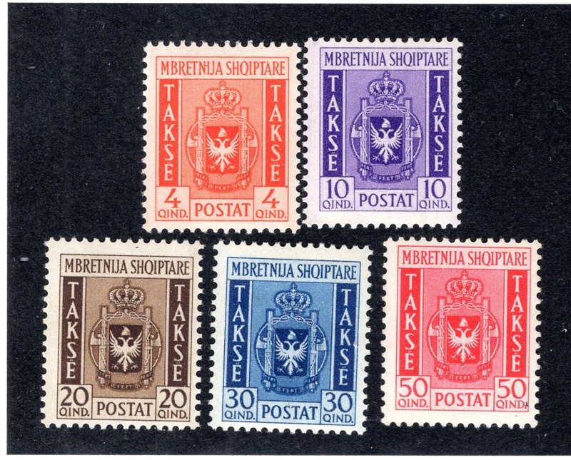Albania Italian Occupation 1940 Set of 5 Postage Due, Scott J40-J44 MH