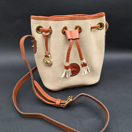 Vintage Dooney & Bourke All Weather Leather Mini Drawstring Bucket Bag Ivory Tan
